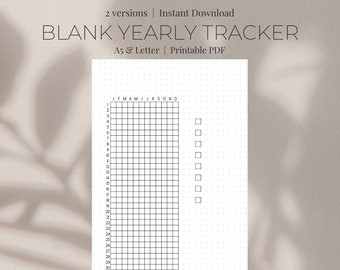 May include: A printable blank yearly tracker in A5 and Letter sizes. The tracker has a grid with 31 rows and 12 columns, labeled with the months of the year. There are checkboxes on the right side of the grid.