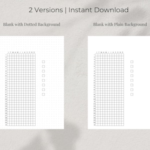 May include: Two versions of a printable monthly calendar grid with a blank space for notes. The first version has a dotted background and the second version has a plain white background. Both versions have the months of the year labeled across the top and numbers 1 through 31 down the side.