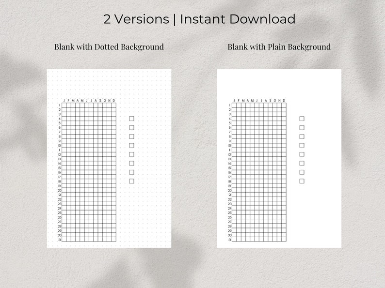 May include: Two versions of a printable monthly calendar grid with a blank space for notes. The first version has a dotted background and the second version has a plain white background. Both versions have the months of the year labeled across the top and numbers 1 through 31 down the side.