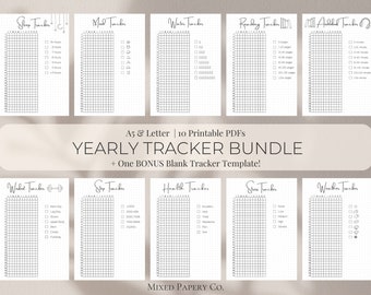 May include: A set of 10 printable PDF yearly tracker templates in A5 and Letter sizes. The trackers include sleep, mood, water, reading, habit, workout, steps, health, show, and weather. The image also includes the text "A5 & Letter | 10 Printable PDFs YEARLY TRACKER BUNDLE + One BONUS Blank Tracker Template!"
