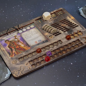 May include: Wooden board game organiser with slots for cards, dice, and tokens. Features a card with a character illustration, dice, and coloured tokens. The design includes a nautical-themed wheel and engraved numbers.