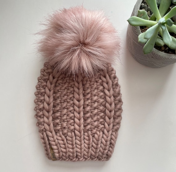 Hand Knit Peruvian Wool Beanie with Pom Blush Pink Peruvian Wool Knit Hat with Faux Fur Pom Pom  main image 3