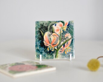 Beautiful Pair of Hand-Painted Vintage Floral Tiles I Studio Pottery