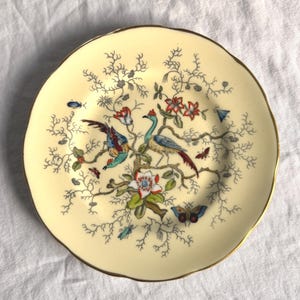 May include: A cream-coloured decorative plate with a gold rim. The plate features a detailed illustration of birds, flowers, and butterflies in shades of blue, red, and green. The plate has a scalloped edge.