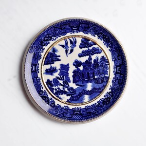 May include: A round, blue and white ceramic plate with a gold rim. The plate features a classic Willow pattern design with a landscape scene. The plate is set against a white background.