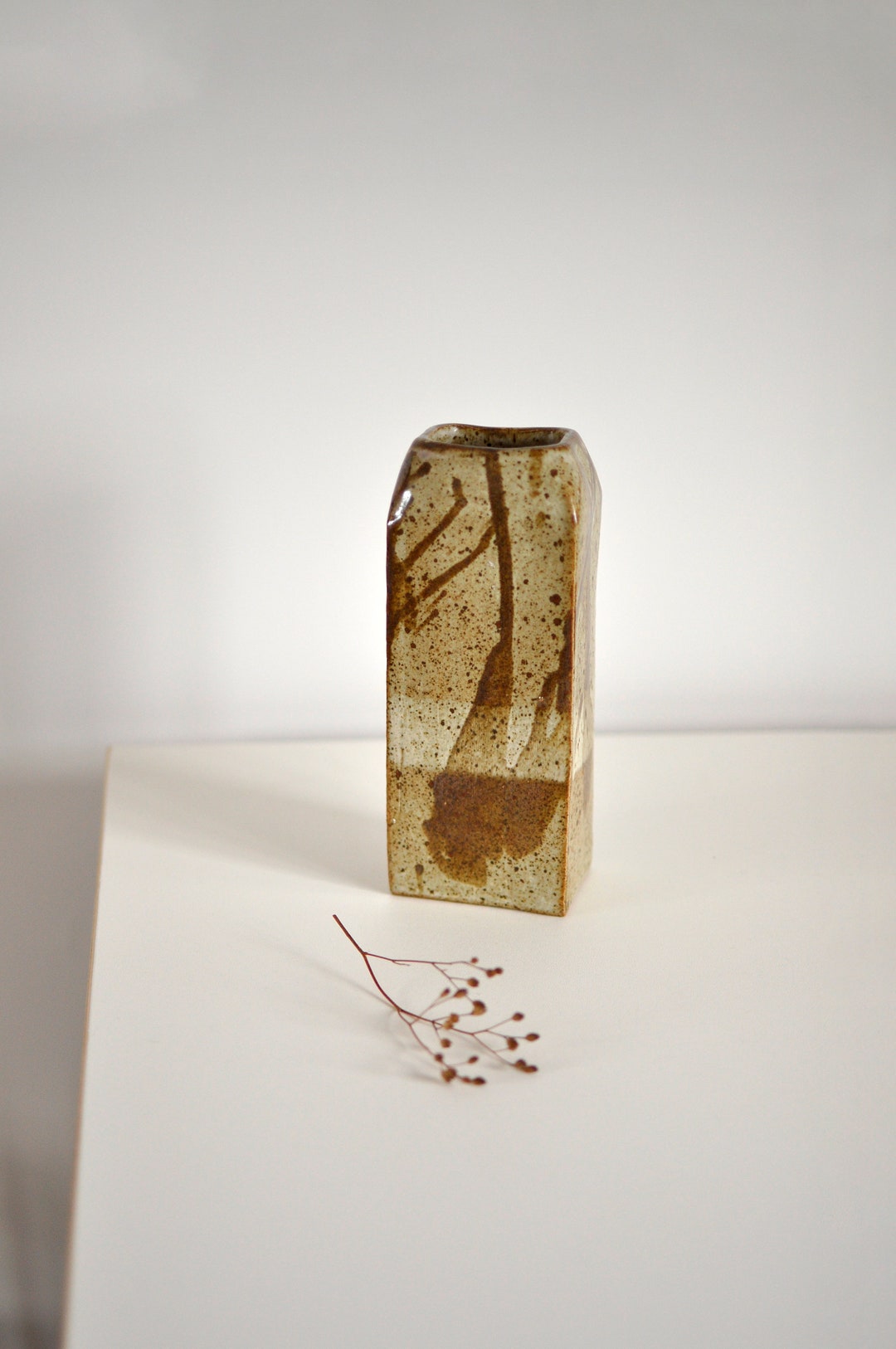 Signed Vintage Studio Pottery Slab Shaped Vase | Rustic Abstract Drip ...