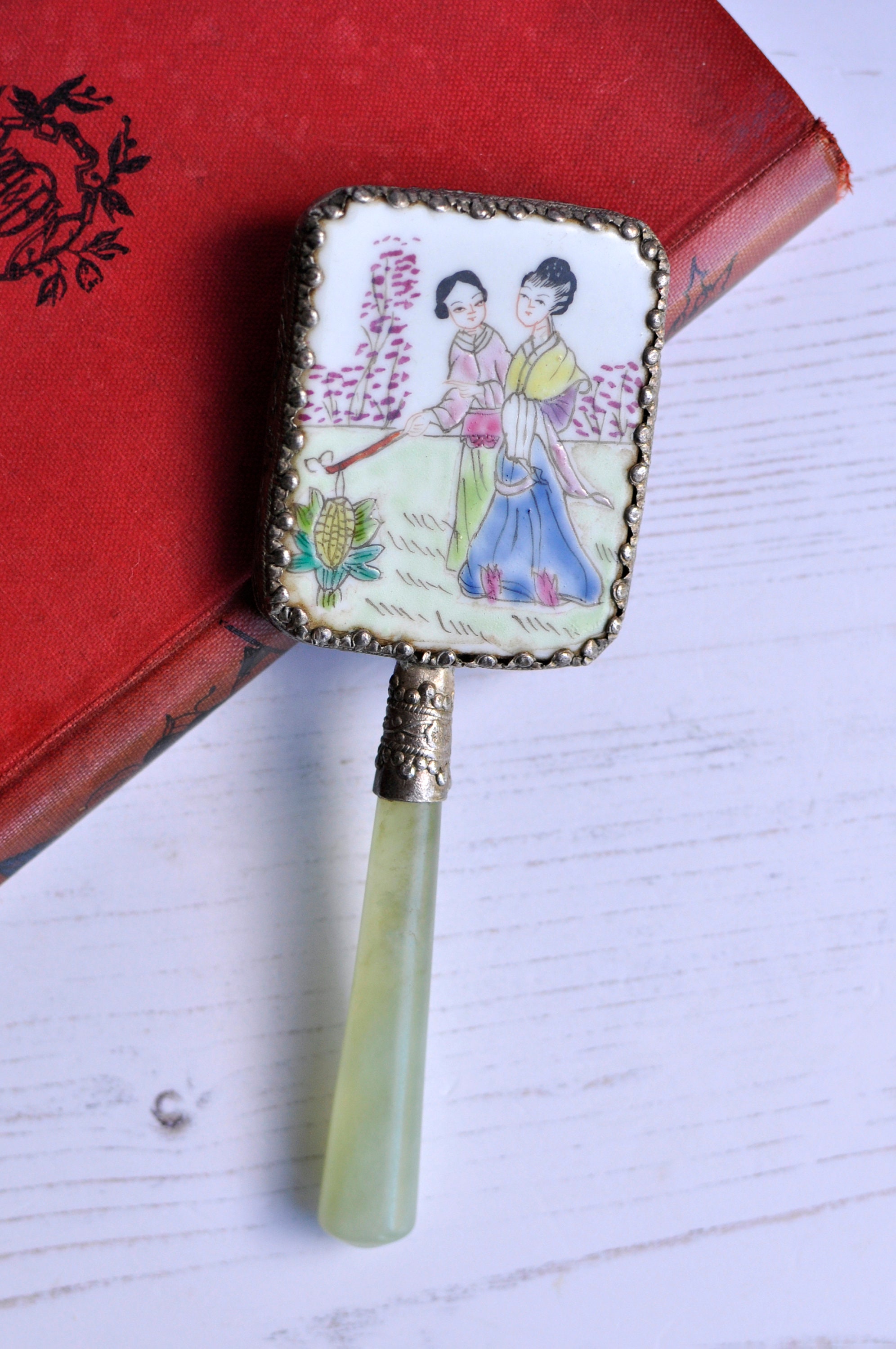 Traditional Geisha Mirror Mid-century Japanese Geisha Hand Mirror: Porcelain & Jade Handle - Etsy