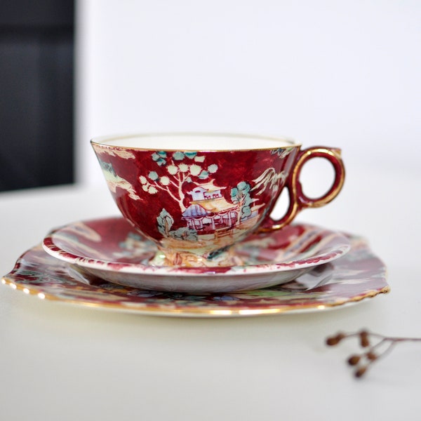 Rare Royal Winton Grimwades Red Pekin Trio | Collectible 1950s China Teacup Set