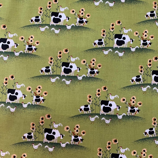 Fabric by the yard. "Harvest Cows" Cows-Roosters-Sunflowers