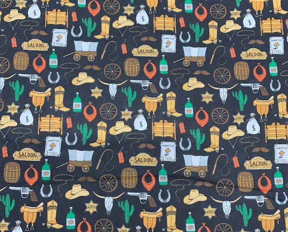 Fabric by the yard. "Out West" (Black). Western Print. 100% cotton