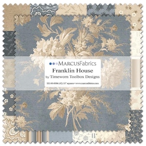 May include: A collection of fabric squares featuring floral patterns in shades of blue, beige, and cream. The central design showcases a large floral arrangement. The text "Franklin House" by Marcus Fabrics is visible. Each square measures 10 inches.