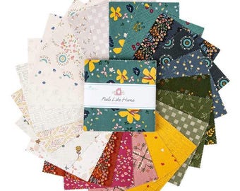 May include: A set of 18 fabric squares, each measuring 5 inches by 5 inches, featuring various floral and geometric patterns in shades of green, yellow, blue, pink, and white. The fabric squares are arranged in a fan shape and labeled "Feels Like Home".