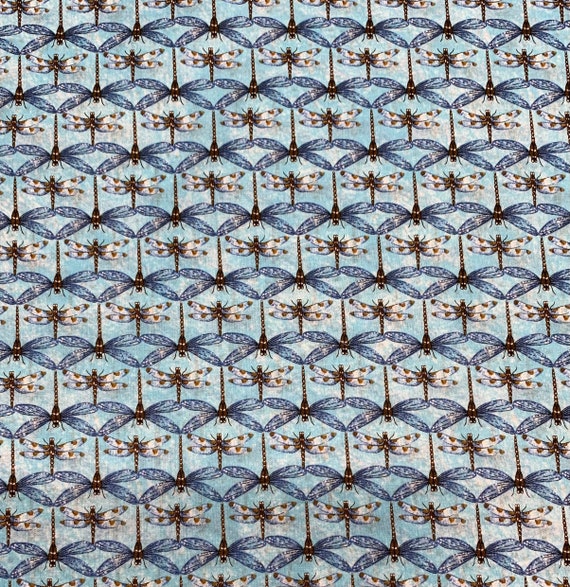 Fabric by the yard. "Elegant Dragonfly" (Blue). All over Print. 100% cotton