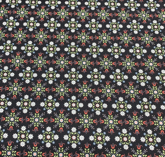 Fabric by the yard. Poppie Cotton Chick-a-Doodle-Doo "Cafe Curtains" (Black)