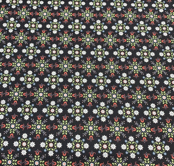 Fabric by the yard. Poppie Cotton Chick-a-Doodle-Doo "Cafe Curtains" (Black)