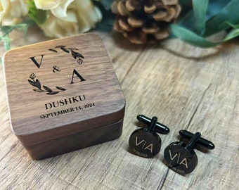 Custom Wedding Day Cuff links for Groom groomsmen, Personalized Cufflinks, Engraved Box Optional, Wood Anniversary Gift, Gift for Husband