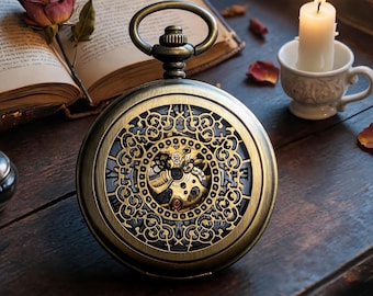 Engraved Vintage Pocket Watch, Hand-Winding Mechanical Skeleton Watch, Customized Retro Watch with Gift Box,Steampunk Christmas Gift for Men