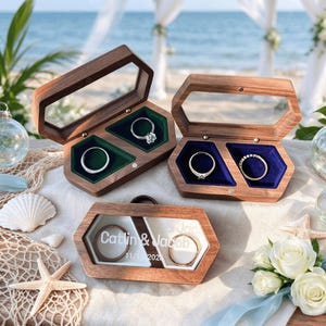 Custom Hexagon Wedding Ring Box, Personalized Walnut Wood Bearer Holder with Mystic Blue and Forest Green Velvet, Unique Bridal Gift