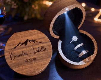 Custom Wedding Ring Box With LED Light, Personalized Wooden Ring Box for Wedding Ceremony, Ring Box For Wedding, Wedding Gift for Couples