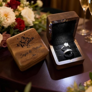 Ringschatulle aus Walnussholz mit Gravur und LED-Licht, Ringbox für personalisierte Vorschläge