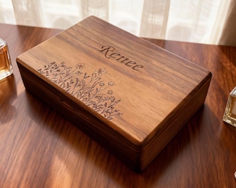 Walnut Wood Jewelry Box: Engraved Floral Ring Necklace Organizer