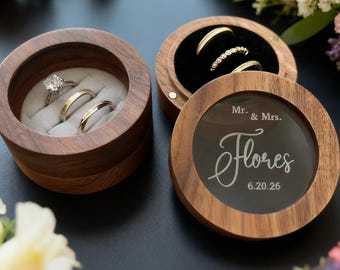 Custom Wood Wedding Ceremony Round Ring Box, Clear Acrylic Cover, Personalized Engraved Engagement Proposal Holder, Bridal Gift For Her