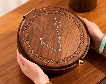 12 Zodiac Astrology Jewelry Box – Solid Walnut Wood, Shell Constellation Inlay, Handmade Keepsake for Bracelets, Rings, Necklaces, Earrings