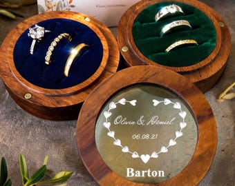 Custom 3 Slot Walnut Wedding Ring Box, Personalized Magnetic Round Wooden Bearer Case with Mystic Blue and Forest Green Velvet Inlay Liner