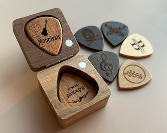 kundenspezifische hölzerne Gitarren-Plektren mit Fall, personalisierter Gitarren-Plektrum-Halter, Plektrum Box Gitarristen-Geschenk, Vatertag, Geschenke für Weihnachten