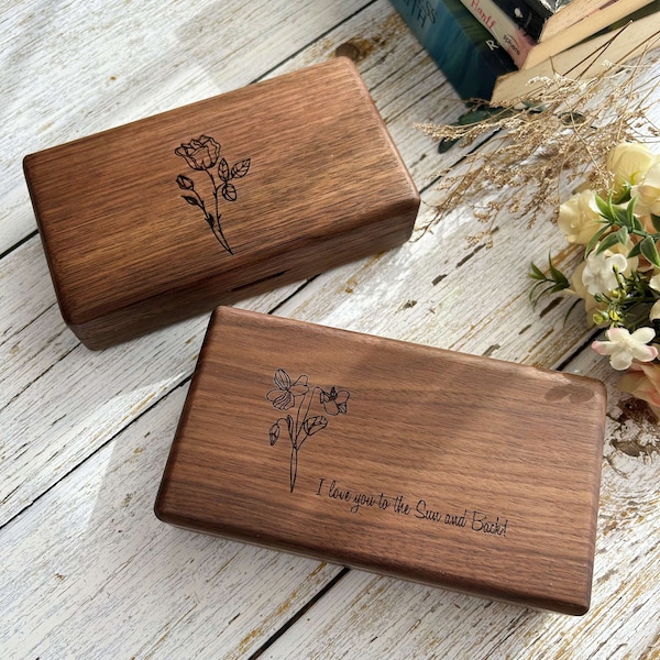 Personalized  Birth Flower Wood Jewelry box, Portable travel jewelry box, Jewelry Gift box, Birthday Gift, Gift for her, Christmas Gift