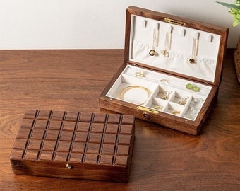 Minimalist Chocolate Solid Wood Jewelry Box , Walnut Wood Storage Box, Wooden Earring Bracelet Necklace Rings Watch Organizer Box
