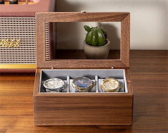 Custom Walnut Wood Watch Box, Engraved Organizer, Glass Top Display, Anniversary Gift