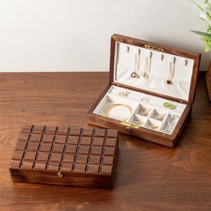 Minimalist Chocolate Solid Wood Jewelry Box , Walnut Wood Storage Box, Wooden Earring Bracelet Necklace Rings Watch Organizer Box