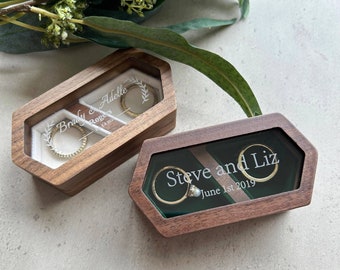 Personalisierte Holz-Ringbox für Hochzeitszeremonie, personalisierte Gravur, Verlobungsringbox, sechseckige Ringbox, Ringhalter für den Antrag