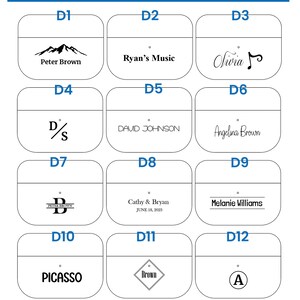 May include: Twelve different design options for custom engraving. Each option is displayed in a white square with a black outline. The designs include text, symbols, and images. The options are labeled with numbers D1 through D12.
