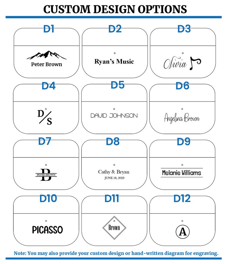 May include: Twelve different design options for custom engraving. Each option is displayed in a white square with a black outline. The designs include text, symbols, and images. The options are labeled with numbers D1 through D12.