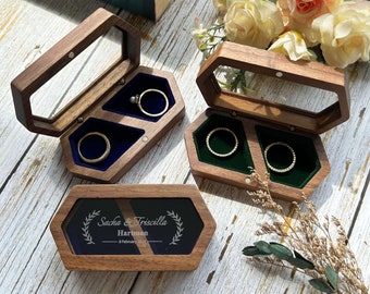 Scatola per anelli per cerimonia di matrimonio in legno personalizzata Scatola per anelli di fidanzamento con incisione personalizzata Scatola per anelli esagonale Porta anello per proposta