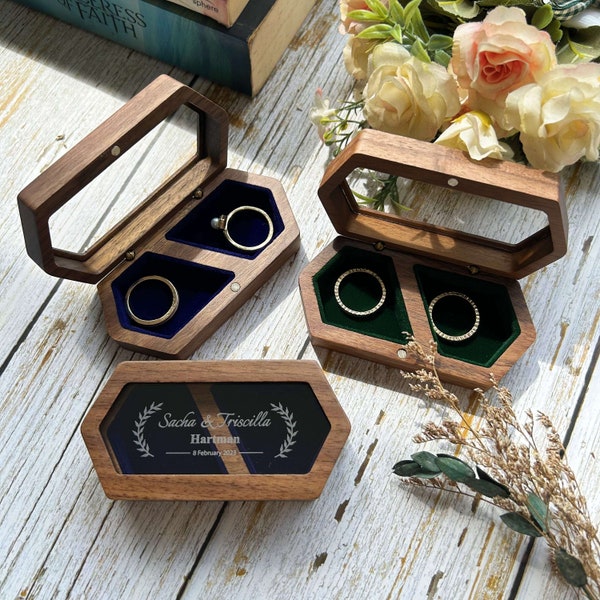 Custom Wood Wedding Ceremony Ring Box Personalized Engraved Engagement Ring Box Hexagon Ring Box Proposal Ring Holder