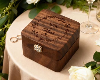 Engagement Ring Box, Square Wood Ring Box for Wedding Ceremony, Double Slot Wedding Ring Box, Ring Bearer Box, Anniversary Gift