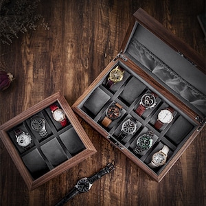 Caja de reloj de madera y vidrio grabada a medida, estuche para reloj, regalo de cumpleaños para esposo, regalo de aniversario para él, regalos para padrinos de boda