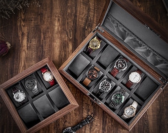 Individuell gravierte Glas Holz Uhrenbox, Uhrengehäuse, Geburtstagsgeschenk für Ehemann, Jahrestagsgeschenk für Ihn, Trauzeugen Geschenke