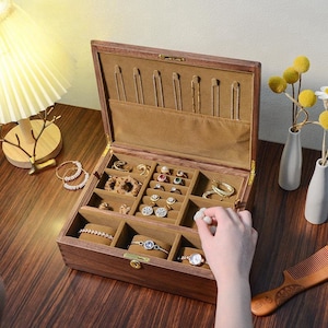 Personalized Large Wood Jewelry Box, Custom Walnut Jewelry Box, Jewelry Organizer, Ring, Bracelets, Stud Earring,Necklace Storage