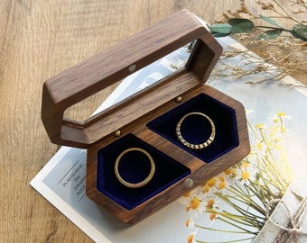 Dark Blue Velvet Inlay Wedding Ring Box,  Custom Engraved Wood Ring Bearer Box for Wedding Ceremony