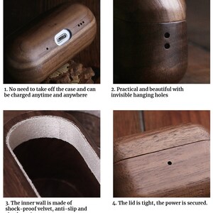May include: A wooden case for wireless earbuds with a charging port on the bottom. The case has a velvet lining and a tight-fitting lid. The lid has a small hole for the charging indicator light. The case is made of dark brown wood and has a natural wood grain.
