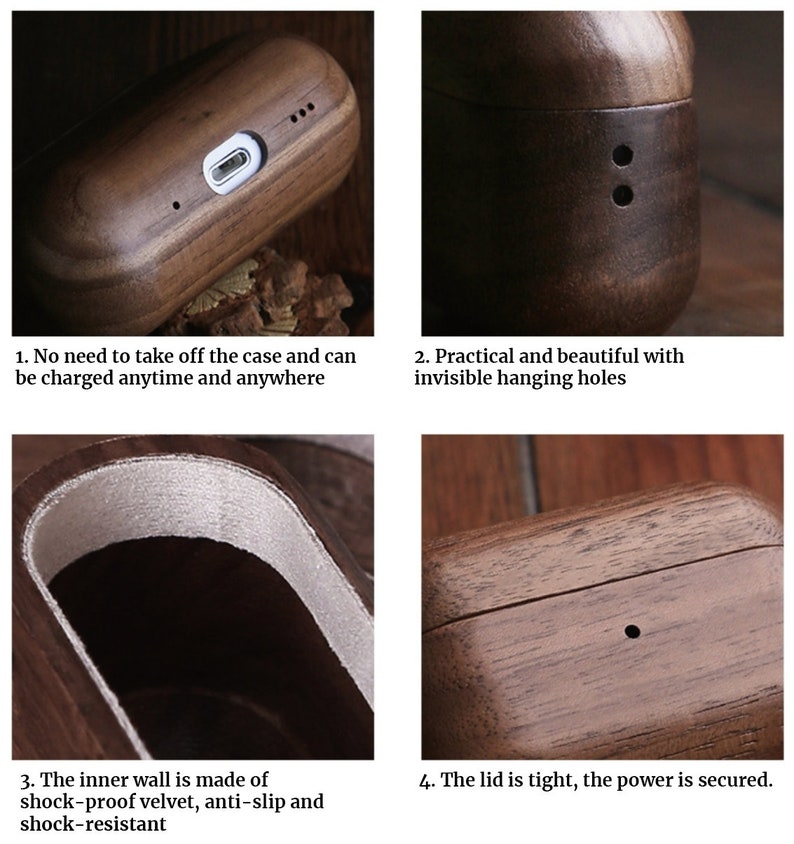 May include: A wooden case for wireless earbuds with a charging port on the bottom. The case has a velvet lining and a tight-fitting lid. The lid has a small hole for the charging indicator light. The case is made of dark brown wood and has a natural wood grain.