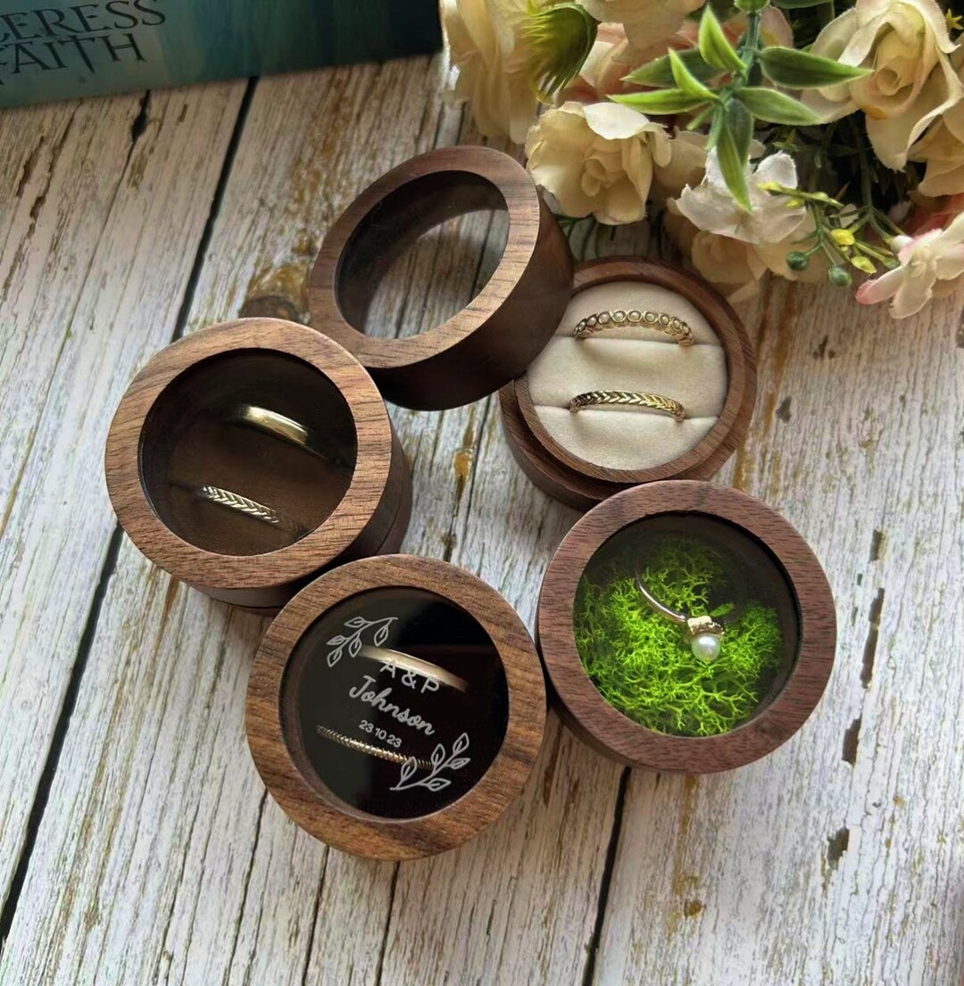 Custom Round Engraved Wedding Ring Box, Wood Engagement Ring Box
