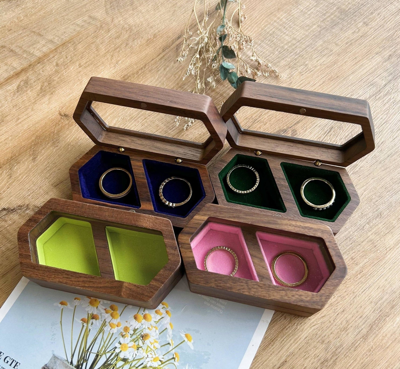 Dark Green Velvet Inlay Wedding Ring Box, Personalized Double Slot Wedding Ring Box, Ring Bearer Box, Engagement Wedding Ceremony