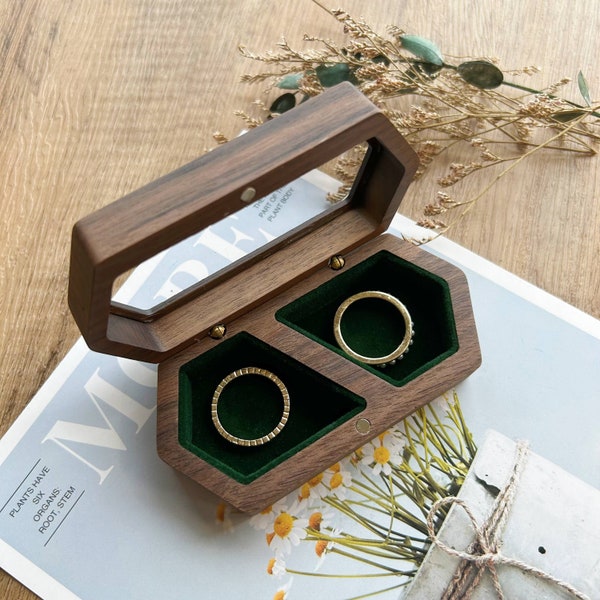 Dark Green Velvet Inlay Wedding Ring Box, Personalized Double Slot Wedding Ring Box, Ring Bearer Box, Engagement Wedding Ceremony
