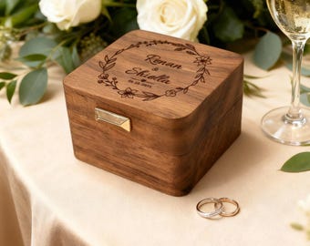 Engagement Ring Box, Square Wood Ring Box for Wedding Ceremony, Double Slot Wedding Ring Box, Ring Bearer Box, Anniversary Gift