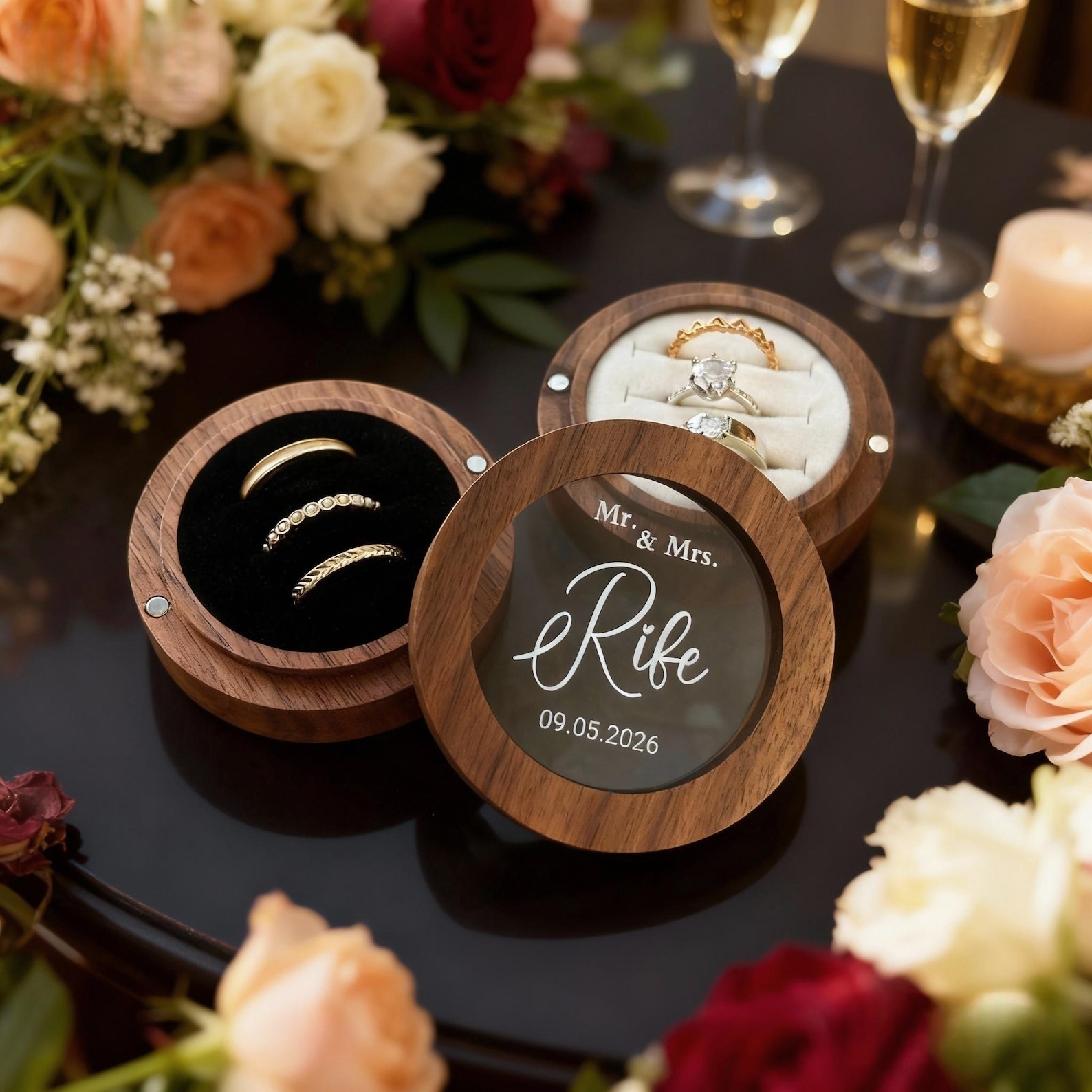Custom Wedding Ring Box, Personalized Wooden Ring Box for Wedding Ceremony, Ring Box For Wedding, Wood Ring Box, 3 Ring Wedding Ring Box - DesignC Black, Engraving